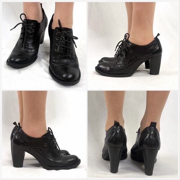 🦉Born Black Leather Oxford Lace Up Block Heel Pumps Sz 9.5 - Picture 3 of 10